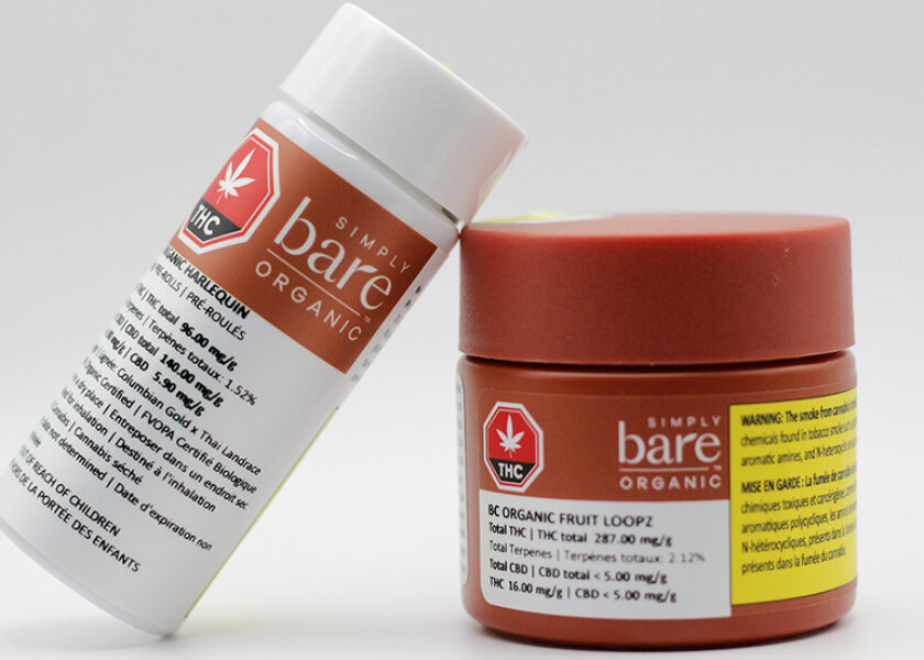Simply Bare Organic BC Organic Fruit Loopz cannabis pre-rolls and flower in its packaging next to each other