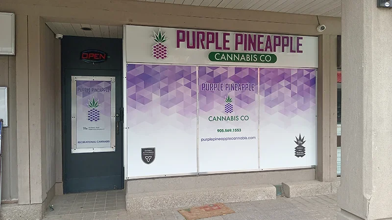 The entrance of Purple Pineapple Cannabis' Erin Mills, Mississauga location