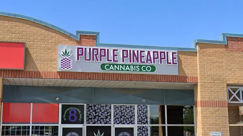 Exterior view of Purple Pineapple Cannabis's store in Rexdale, Etobicoke minutes away from Humber College