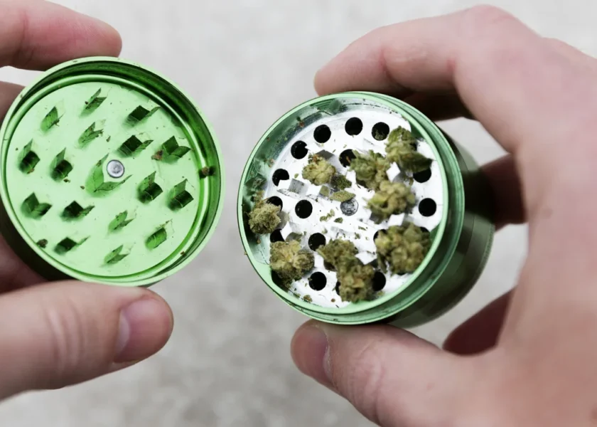 Close up of hands about to close a marijuana grinder with flower in it