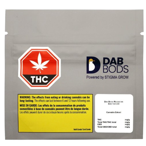 Close up of the packaging of Dab Bods Rockstar 2.0 cannabis shatter
