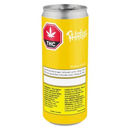 Close up of the Phresh Mango Peach cannabis hybrid beverage can