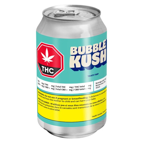 Close up of Bubble Kush Tahiti Trip cannabis beverage can